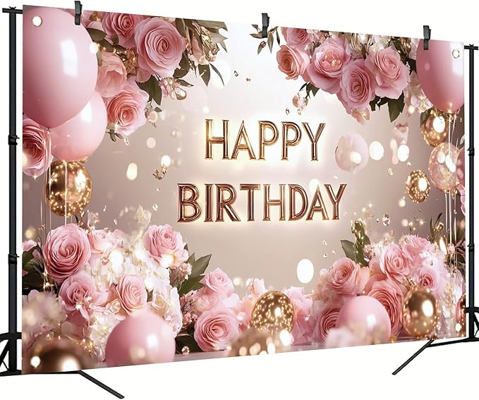 Pink Rose Happy Birthday Backdrop Banner Gold Letters Floral Photography Background Girls Birthday Party Decorations Elegant Party Supplies Photo Booth Props 71x43 Inch