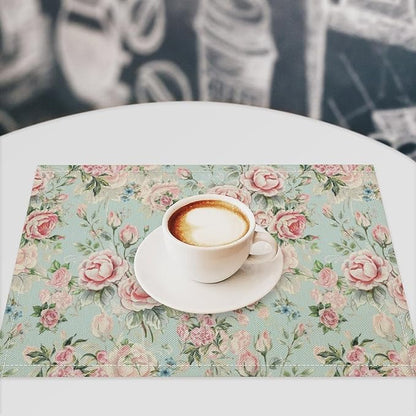 Pink Flowers Placemats Set of 6, 17x12 Inch Rustic Spring Floral Blossom Natural Romantic Table Mats for Home Party Kitchen Dining Decor
