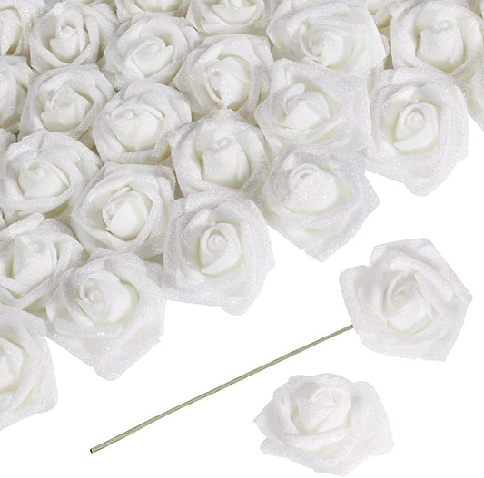White Flowers Glitter Rose 30 PCS Artificial Flowers Glitter Flowers Foam Roses with Stem Fake Flowers for DIY Wedding Bridal Bouquet Party Centerpieces Decor(White)