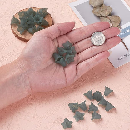 Crafans 50Pcs Frosted Acrylic Flower Beads 17.5x12x1.5mm Transparent Floral Pendants Clear Flower Bead Caps Loose End Spacer Beads for Jewelry Making Dark Green