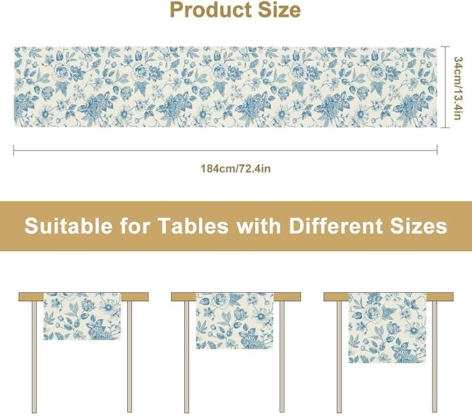 Blue Floral Table Runner, Spring Summer Sketch Wildflower Vintage Country Farmhouse Coffee Table Center Decor for Home Kitchen Dining Patio Holiday Party Table Decorations 13x108 inches