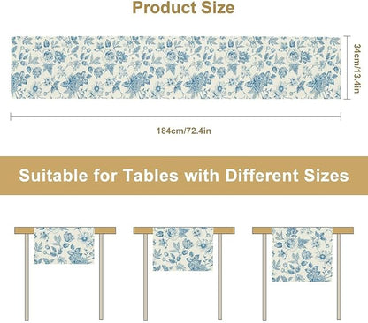 Blue Floral Table Runner, Spring Summer Sketch Wildflower Vintage Country Farmhouse Coffee Table Center Decor for Home Kitchen Dining Patio Holiday Party Table Decorations 13x90 inches