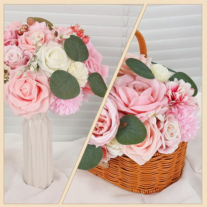 Artificial Flowers Combo Box Set Pink Roses Floral Fake Flowers Realistic Touch Flowers with Stems for Wedding Bouquets Table Centerpieces Home Decor