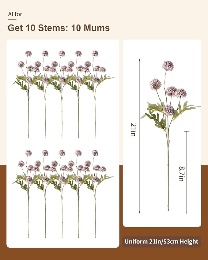 JAKY-Global 10 Stems Fall Artificial Chrysanthemum Flowers,21in Realistic Silk Pompon Fake Mums for Boho Home Decor, Halloween Centerpieces, Autumn Wedding Arrangements