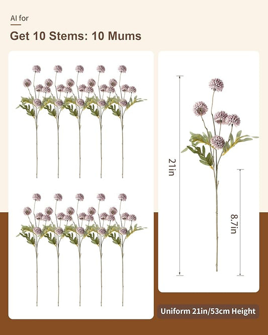 JAKY-Global 10 Stems Fall Artificial Chrysanthemum Flowers,21in Realistic Silk Pompon Fake Mums for Boho Home Decor, Halloween Centerpieces, Autumn Wedding Arrangements