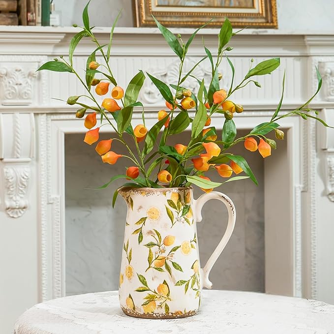 Vintage Lemon Ceramic Vase with Handle, Retro Ice Glazed Crack Farmhouse Pitcher Vase for Home Decor, Living Room, Shelf, Office, Rustic Table Centerpiece 9 Inch