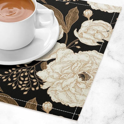 Black Gold Floral Placemats Set of 4, 17x12 Inch Abstract Vintage Rustic Flower Botanical Aesthetic Art Print Table Mats for Home Party Kitchen Dining Decor