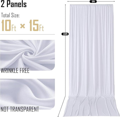 gogoparti 10x15 ft White Backdrop Curtain for Weddings & Parties - 2-Panel Wrinkle-Free Polyester Drape, 15 FT Long for Birthday, Baby Shower, Halloween Photography Background
