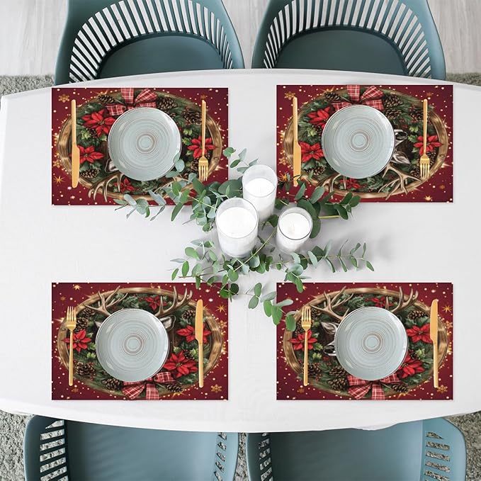 Xmas Christmas Reindeer Poinsettia Red Placemats Set of 4 PVC Vinyl Non Slip Table Mats Heat Resistant Place Mats Washable Wipeable Dining Table Mat for Kitchen Party Indoor Outdoor Decorative Gift
