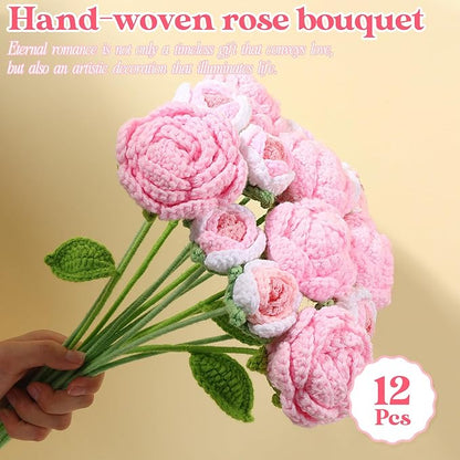 YoungJoy 12 Pcs Crochet Rose Handmade Knitted Flowers Tulip Sunflower Daisy Heart Artificial Knitted Floral Mother Day Graduation Home Decor(Mixed Pink)
