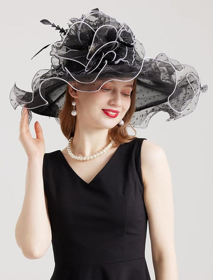 Organza Derby Hats for Women Wide Brim Fascinator Hat Rose Flower Wedding Tea Party Hat