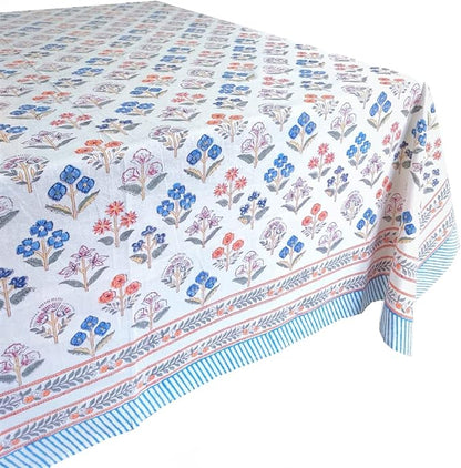 ATOSII Flora Bloom 100% Cotton Rectangle Summer Tablecloth, Block Print Floral Table Cloth for Dining Parties Wedding Outdoors I Grand Millennial Home Decor 60 X 90 Inches I 6 Seater I Memorial Day