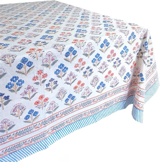 ATOSII Flora Bloom 100% Cotton Rectangle Boho Fall Tablecloth, Handblock Floral Table Cloth Linen for Kitchen Dining I Parties Wedding Outdoors Christmas Thanksgiving I 72 X 120 Inches I 10 Seater