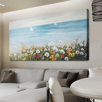 Ardemy Daisy Large Wall Art for Living Room, Floral Canvas Wall Art Ocean Flower Pictures Paintings Wall Decor Living Room Wildflower Artwork Dining Room Home Office Kitchen, 58"x29"