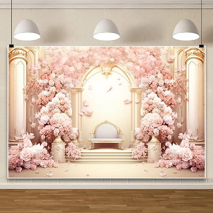 AOFOTO 10x8ft Wedding Backdrop Palace Hall Wall Spring Pink Flower Arch Background for Photography Bridal Shower Prom Decoration Banner Girl Portrait Photo Booth Backdrop