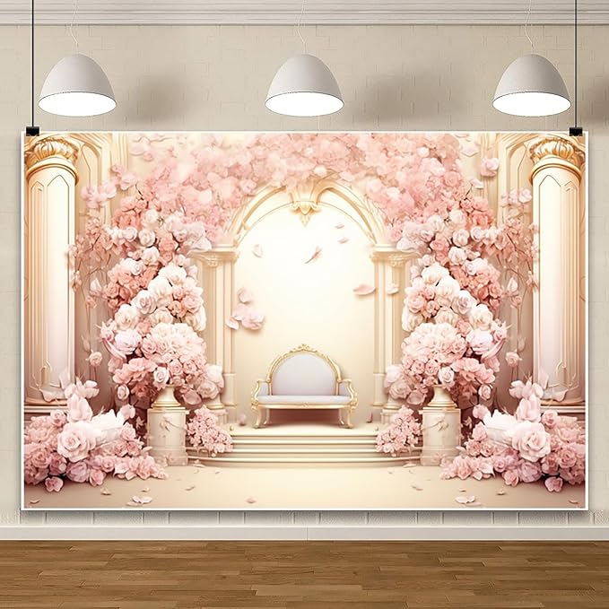 AOFOTO 5x3ft Wedding Backdrop Palace Hall Wall Spring Pink Flower Arch Background for Photography Bridal Shower Valentine's Day Prom Decoration Banner Girl Portrait Photo Booth Backdrop