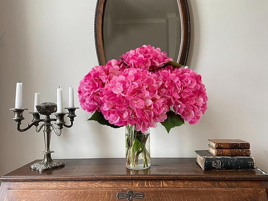YalzoneMet 4Pcs Magenta Silk Hydrangea Artificial Flower Rose Red Lifelike Big Blooms 20'' Long Stem Faux Hydrangea Flower Bouquets for Home Party Indoor Outdoor Wedding Table Centerpiece Decor