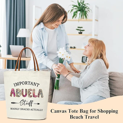Canvas Tote Bag for Women, Important Stuff Bag with Leather Handle, Reusable Grocery Bags for Shopping Beach Travel