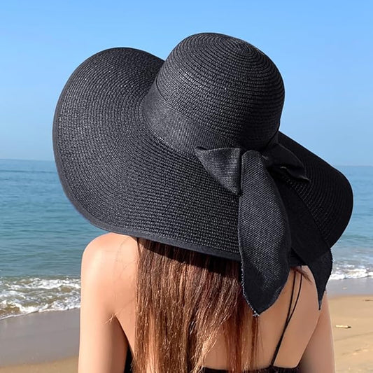 DRESHOW Beach Hats for Women Big Straw Wide Brim Summer Hat Floppy Foldable Roll up Cap Sun Hat UPF 50+