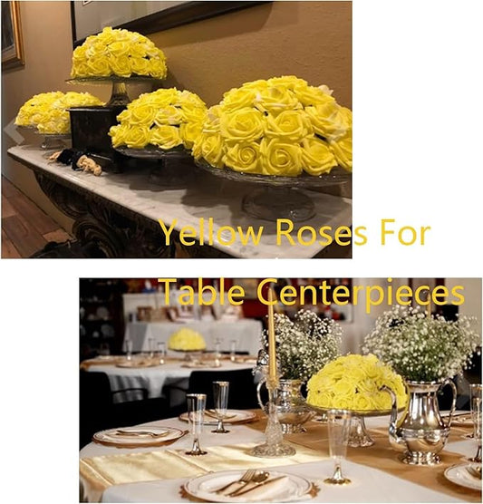 Yellow Artificial Flowers Fake Roses 50 PCS with Stem, Flower Heads Fake Rose for Crafts Bouquets for DIY Wedding Decorations Centerpieces Arrangements Party Home Garden Decor
