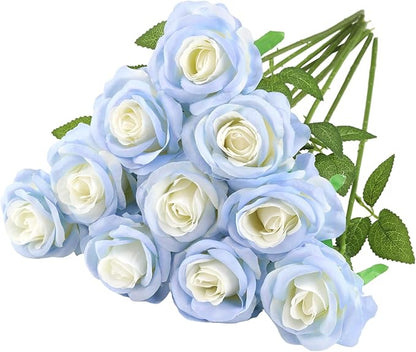 Nubry Artificial Silk Rose Flower Bouquet Lifelike Fake Rose for Wedding Home Party Decoration Event Gift 10pcs (Gradient Light Blue)