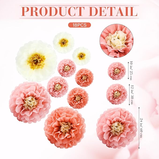 18 Pcs Large Tissue Paper Flowers Set 23.6"/11.8"/9.8" Giant Fiesta Mexican Paper Wall Flower for Carnival Wedding Birthday Bridal Shower Party Backdrops Centerpieces(Boho Colors)