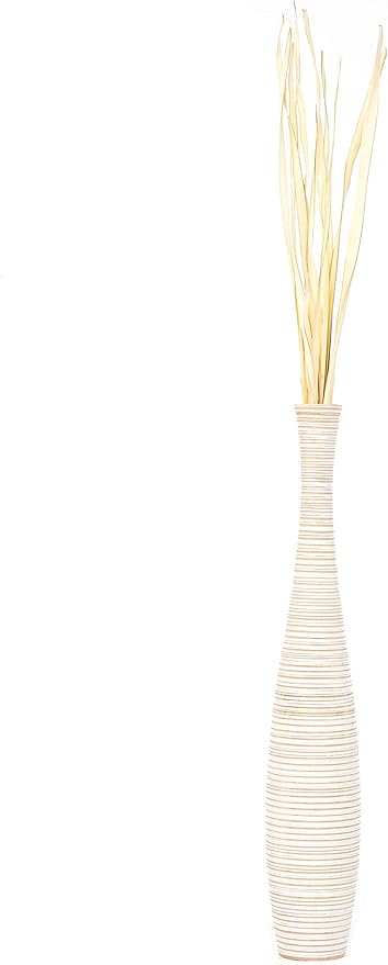 Leewadee Large White Wash Home Decor Floor Vase – Wooden 34 inches Tall Farmhouse Decor Flower Holder for Fake Plant and Pampas Grass