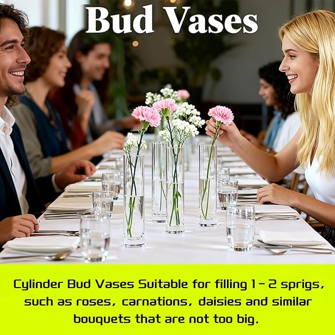 Glass Cylinder Bud Vases for Centerpieces, Set of 12 Clear Small vases,Handmade Slim Flower Vases Wedding Table Decor for Single Rose vases Bulk, Home Aesthetic Desk Decor, Party Decorations,7.5"