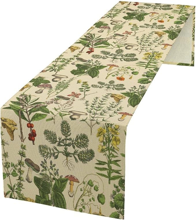 Vintage Botanical Table Runner, Antique 1900s Plants Herbs Mushroom Boho Retro Wildflower Ferns Print Table Runner for Farmhouse Kitchen Indoor Outdoor Decoration, 13x108inch