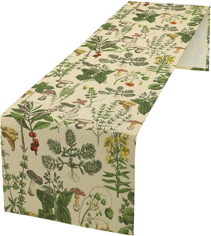 Vintage Botanical Table Runner, Antique 1900s Plants Herbs Mushroom Boho Retro Wildflower Ferns Print Table Runner for Farmhouse Kitchen Indoor Outdoor Decoration, 13x108inch