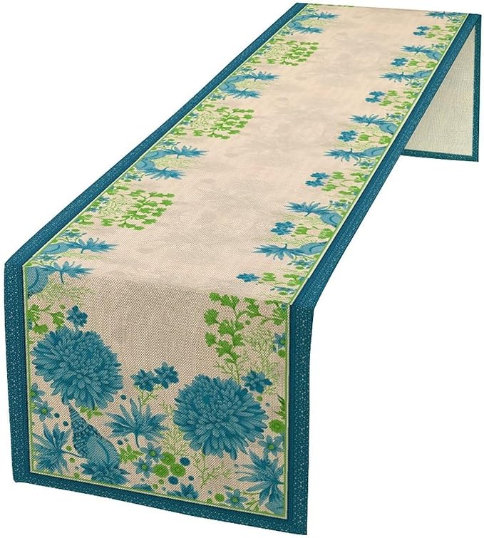 Vintage Floral Table Runner, Elegant Blue Flowers Nature Design Table Runner for Kitchen Dining Holiday Party Home Decoration, 13x108 Inch