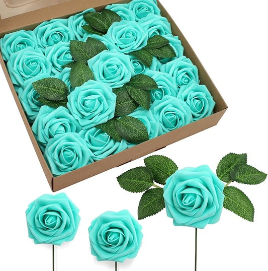 JOYLEX Artificial Flowers Realistic Roses, Real Looking Fake Roses with Stem for DIY Wedding Bouquets Centerpieces Bridal Shower Party Home Romantic Decorations (Turquoise, 100pcs)