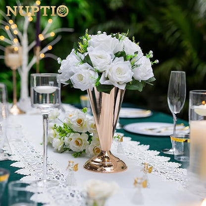 2 Pcs Tabletop Metal Wedding Flower Trumpet Vase, 9.8 inch Table Decorative Centerpiece, Artificial Flower Arrangements for Anniversary Ceremony Party Birthday Event Aisle Home Decoration (Gold)