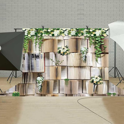 8x6ft Vintage Bookshelf Backdrop Flower Garlend Book Pages Wedding Party Photo Backdrop Baby Shower Graduation Party Photo Studio Background KUBDJ727
