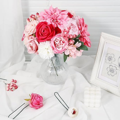 Artificial Flower Box Set – Faux Floral Bouquet for Party&Table Centerpieces, Realistic Pink Flowers Artificial for Home & Wedding Decoration,Bulk Fake Flowers with Stems