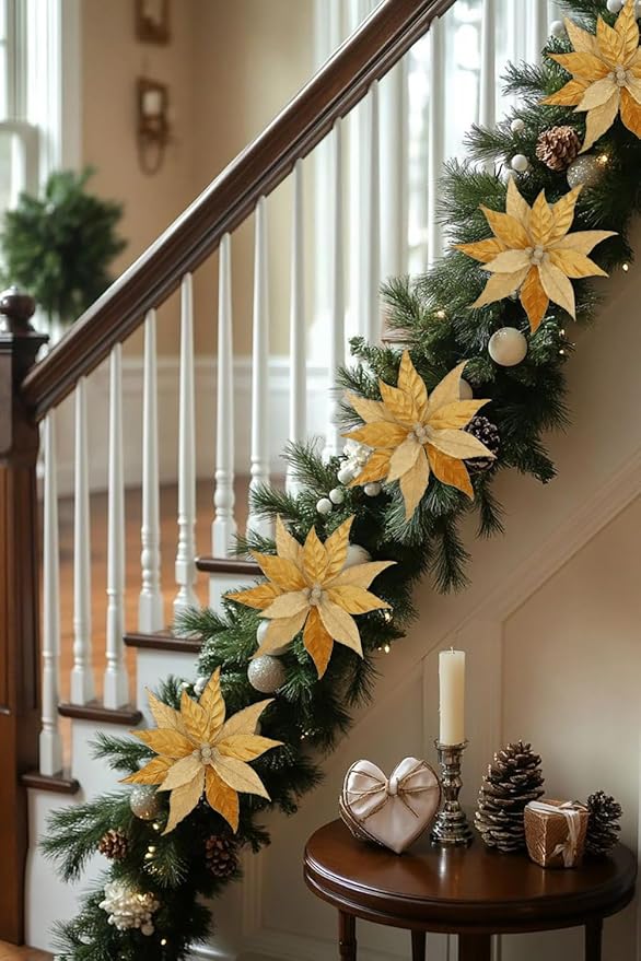 Hollyone 3PCS Poinsettia Christmas Flowers Artificial 11" Large Velvet Gold Glitter Poinsettia Flowers Christmas Tree Ornaments Floral Picks for Tree Wreath Garland Vase Table Centerpiece Home Decor