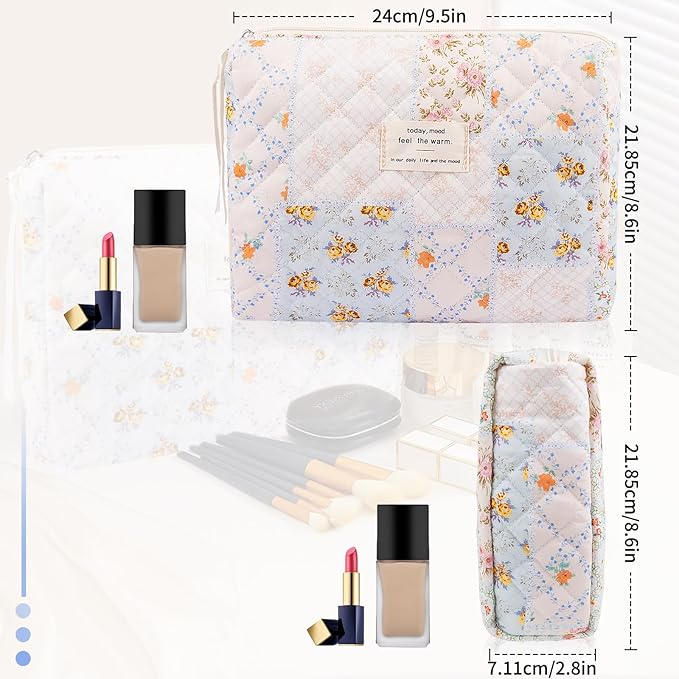 Floral Makeup Bag, Small Cosmetic Bag for Women Girls, Cute Cotton Makeup Bag, Quilted Makeup Bags, Flower Travel Toiletry Organizer Bag(Folk Style)