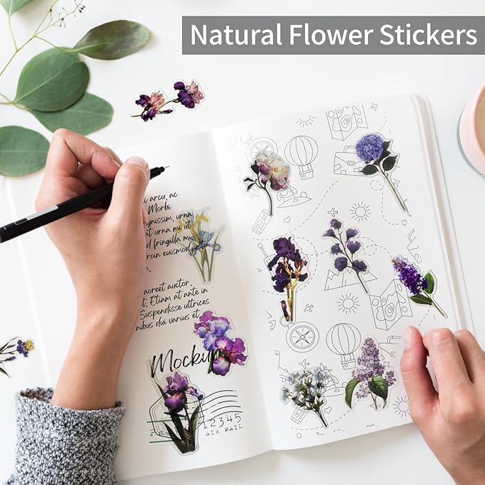 Natural Flower Sticker for Scrapbooking,PET Nature Plant Stickers Floral Stickers Vintage Craft Sticker,for Journaling Scrapbooking Clear Flower Decal (Style H)