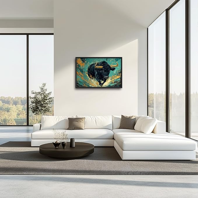Large Highland Cow Wall Art for Living Room, Teal and Golden Bison Buffalo Wall Decor, Framed Oversized Cow Canvas Painting Modern Artwork for Living Room Bedroom Office Dining Room 36"x24"