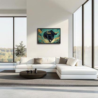 Large Highland Cow Wall Art for Living Room, Teal and Golden Bison Buffalo Wall Decor, Framed Oversized Cow Canvas Painting Modern Artwork for Living Room Bedroom Office Dining Room 36"x24"