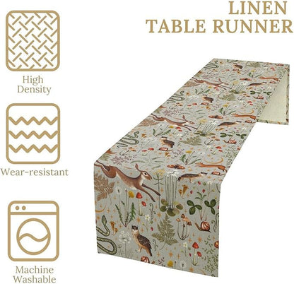 Rustic Forest Table Runner, Retro Country Wild Animals Hare Squirrel Owl Snake Snail Flowers Mushroom Print Table Cover for Home Holiday Party Indoor Outdoor, 13x108inch