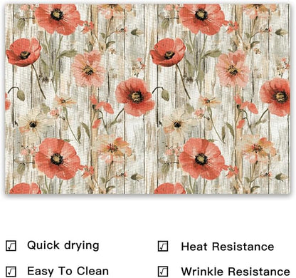 Placemats Set of 4 Waterproof Oilproof Table Mats Vintage Poppy Flowers Washable Wipeable Heat Resistant Easy to Clean for Indoor Outdoor Party Kitchen Dining Table Decoration 12 * 18in