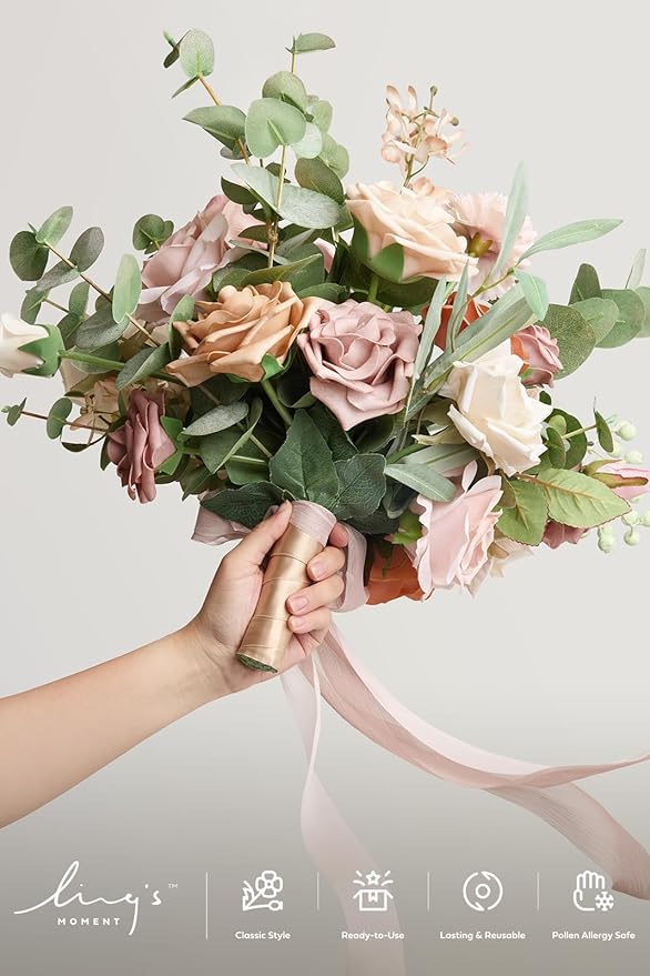 Ling's moment Dusty Rose Wedding Bouquets for Bride, Pink Bridal Bouquets for Bride, 13 Inch Free Form Artificial Wedding Flower Bouquet