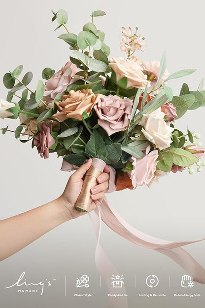 Ling's moment Dusty Rose Wedding Bouquets for Bride, Pink Bridal Bouquets for Bride, 13 Inch Free Form Artificial Wedding Flower Bouquet
