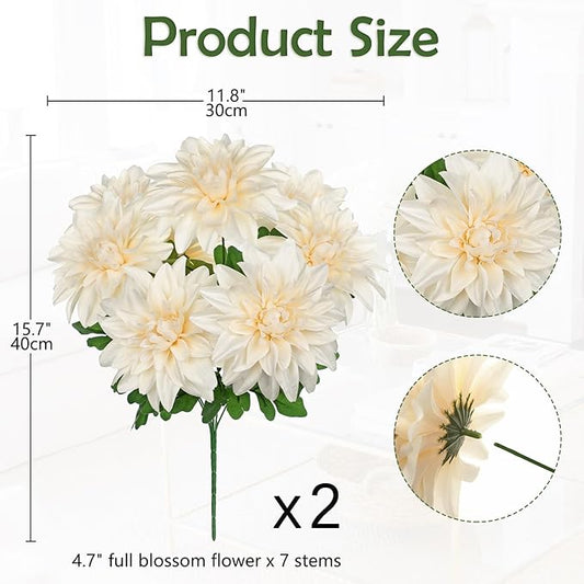 Hollyone 2Pcs White Artificial Dahlia Flowers Bush 7 Heads Silk Fake Dahlias Flowers with Stems Wedding Bouquets Faux Dahlia Flower Floral Arrangements for Outdoor Indoor Table Centerpieces Home Decor