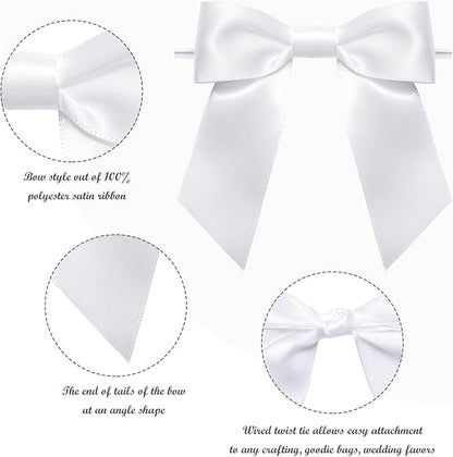 WRAPAHOLIC 30 Pcs 3" White Satin Ribbon Bows with Twist Tie - Pretied Premade Craft Bows for Christmas Party Crafts Treat Bags Gift Wrapping Wedding Birthday Baby Shower