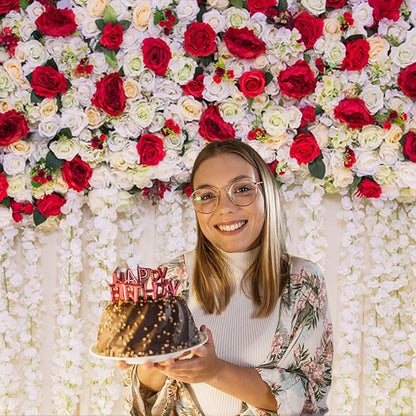 12x6ft Flower Wall Wedding Backdrop White Red Roses Romantic Spring Blooming Floral Photo Background for Valentine's Day Bridal Shower Mothers Day Birthday Newborn Decorations Photo Props