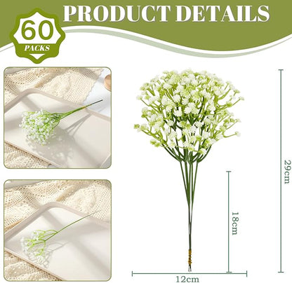 ASTRYAS 60Pcs Babys Breath Artificial Flowers, Baby Breath Flowers Artificial Bulk, Fake White Gypsophila Babies Breath Real Touch Flowers for Wedding Bouquet Floral Arrangement Party Home Decor