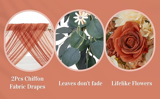 Ting's time Artificial Wedding Arch Flowers Kit(Pack of 4) - 2pcs Large Artificial Flower Swag with 2pcs Draping Fabric for Wedding Party Ceremony Decoration(Terracotta& Cream White)