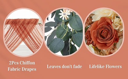 Ting's time Artificial Wedding Arch Flowers Kit(Pack of 4) - 2pcs Large Artificial Flower Swag with 2pcs Draping Fabric for Wedding Party Ceremony Decoration(Terracotta& Cream White)